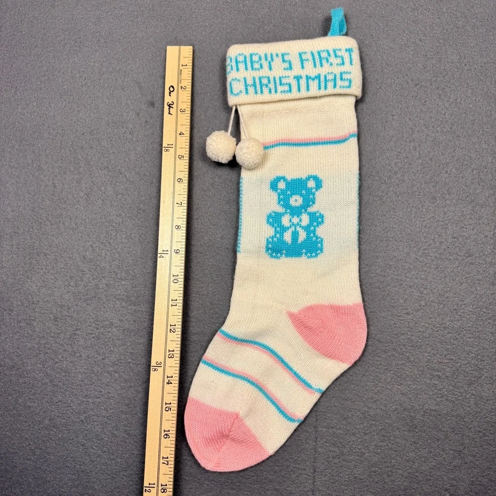 Vtg Babys‎ First Christmas Knit Stocking Bear Unisex Boy Girl Blue Pink White
